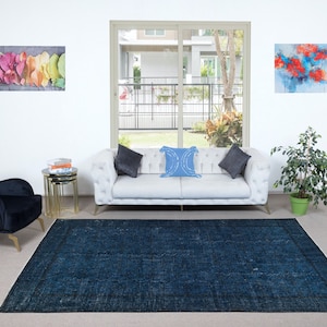 7x10.2 Ft Royal Blue Handmade Area Rug from Turkey, Solid Navy Blue Overdyed Carpet, Contemporary Dark Blue Living Room Carpet. NTEK1180