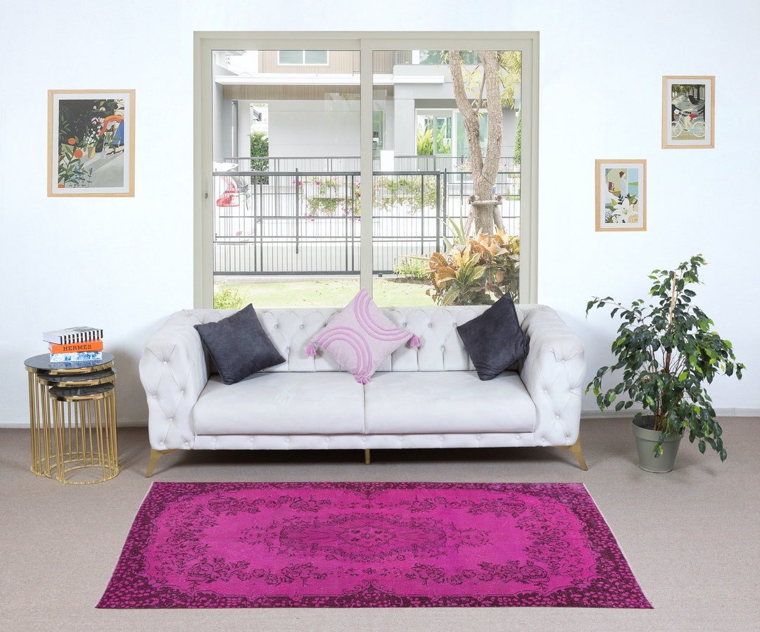3.8x7.3 Ft Hot Pink Anatolian Wool Rug With Medallion, Modern Handmade ...