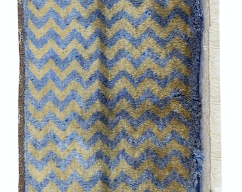 2.2x4.3 Ft Vintage Handmade Anatolian Blue Tulu Rug with Light Brown Zig Zag Design. NTEK1567