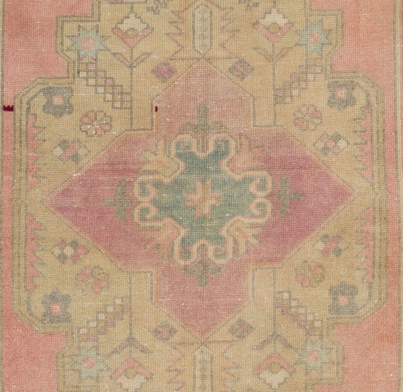 4.3x8.4 Ft Vintage Hand Knotted Turkish Area Rug in Pink With Geometric
