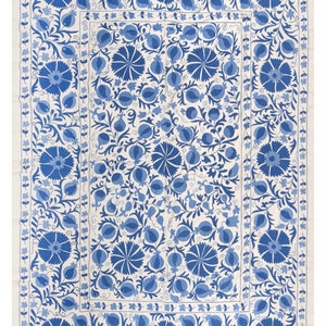 6.3x8.3 Ft Silk and Cotton Suzani Wall Hanging, Embroidery Bedspread, Central Asian Tablecloth, Blue Throw, Modern Bed Cover. NS146