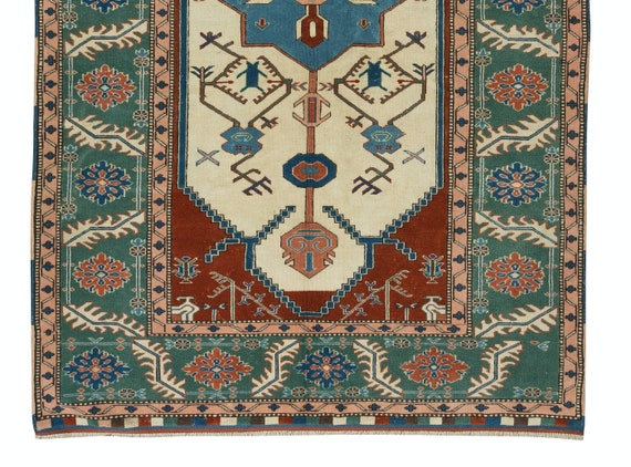 5.6x9 Ft Vintage Hand-knotted Turkish Rug – Teal, Rust and Ivory