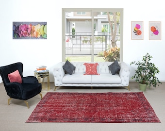 6x9.2 Ft Contemporary Handmade Turkish Red Area Rug with Shabby Chic Style. NTEK1372