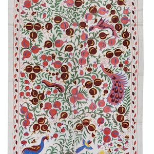 4.9x7 ft Pomegranate Tree Design Crochet Silk Wall Hanging, Embroidered Suzani Bedspread, Uzbek Table Cover, Handmade Tapestry. NRS185