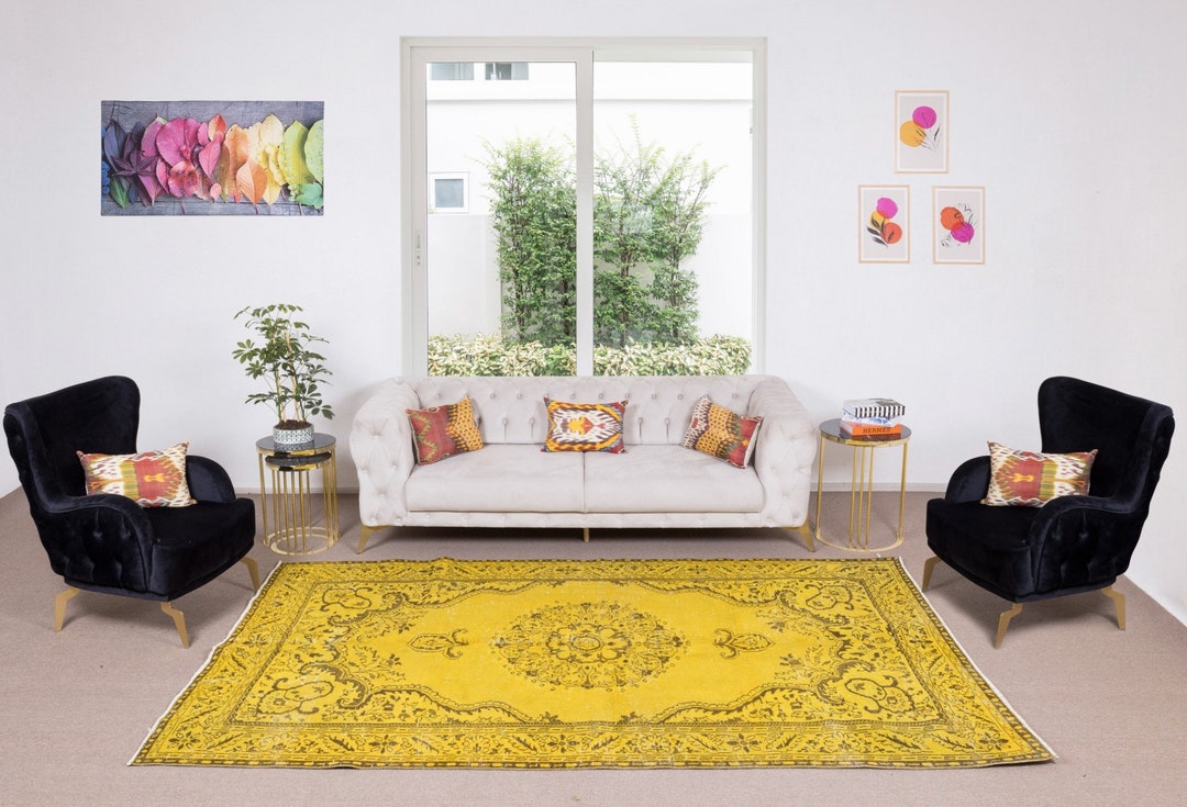 6.2x10.3 Ft Hand-knotted Turkish Vintage Wool Rug Over-dyed in Yellow ...