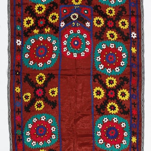 3.3x5.8 Ft Silk Hand Embroidered Vintage Uzbek Suzani Wall Hanging in Maroon Red. Needlework Tablecloth. Boho Wall Decor. NS57