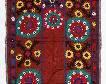 3.3x5.8 Ft Silk Hand Embroidered Vintage Uzbek Suzani Wall Hanging in Maroon Red. Needlework Tablecloth. Boho Wall Decor. NS57