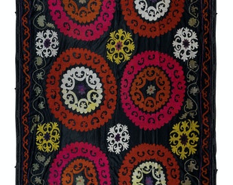 8.3x10.7 Ft Suzani Silk Embroidery Bed Cover, Vintage Uzbek Throw, Home Decor Wall Hanging, Handmade Tablecloth. NRS75