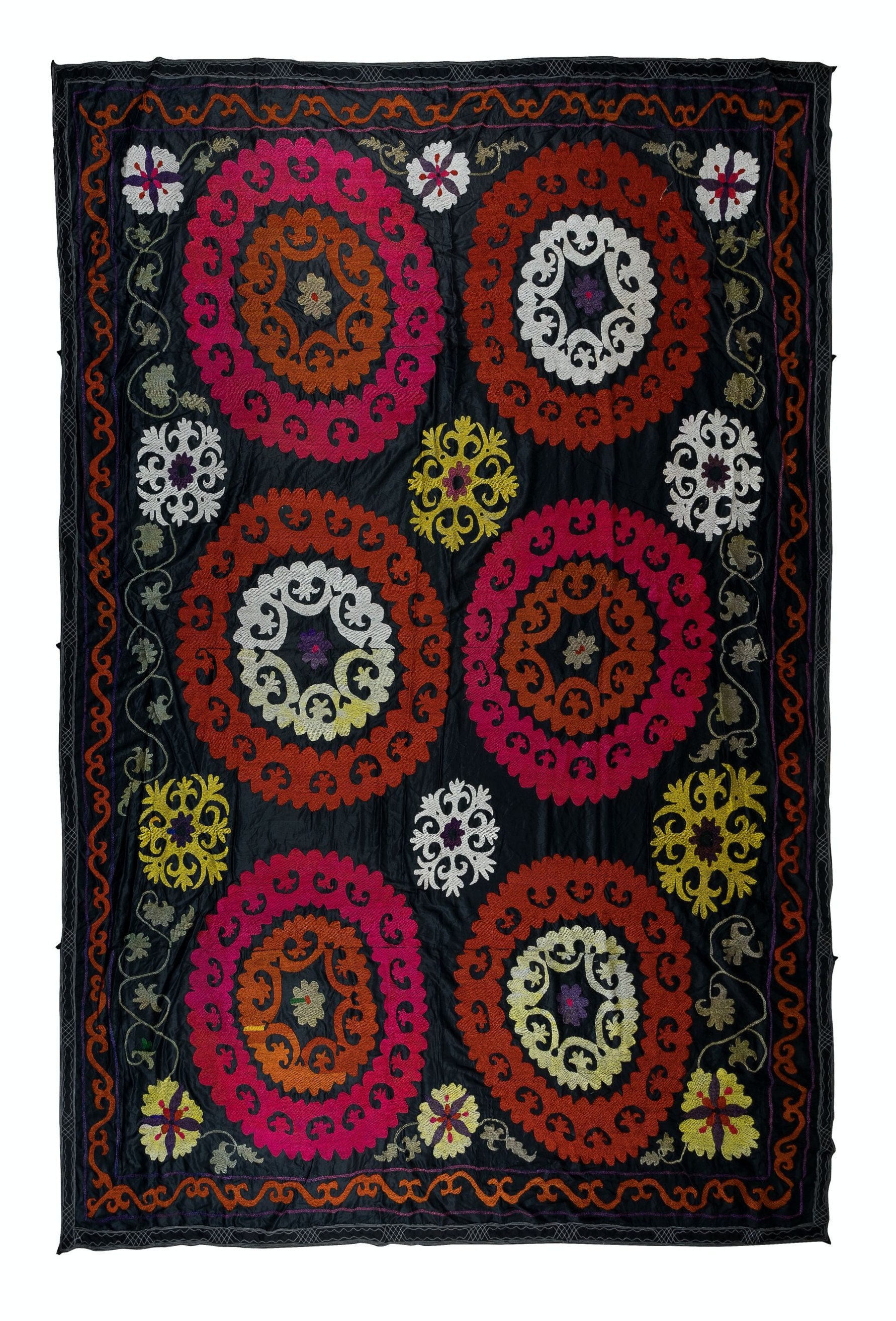 8.3 x 10.7フィート スザニ シルク刺繍ベッドカバー、ヴィンテージ