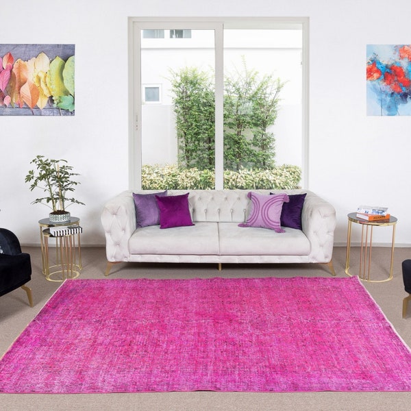 6.7x10.4 Ft Authentic Handmade Vintage Turkish Wool Rug Over-Dyed in Pink, Ideal for Modern Interiors. NTEK0814