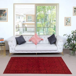 4x7 Ft Vintage Handmade Turkish Wool Rug Redyed in Red, Ideal for Contemporary Interiors. NY524