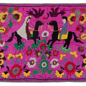 1,5 x 2,5 m Seidenstickerei Wandbehang, rosa Wandteppich, Boho Wanddeko. NS147