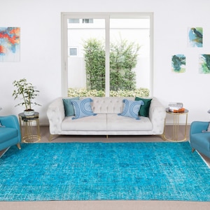 7x11 Ft Contemporary Teal Over-Dyed Rug from Turkey, Vintage Handmade Wool Carpet. NTEK0577