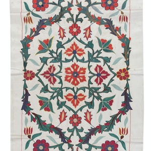 22&quot;x40&quot; 100% Silk Embroidered Asian Wall Hanging, Suzani Wall Art, Handmade Floral Tapestry. NRS173