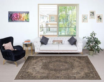 5.7x9 Ft Vintage Hand-Made Floor Rug from Turkey. Brown Color Re-Dyed Area Rug. NTEK2189