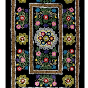 4.5x7.4 Ft 1970s Hand Embroidered Bed Cover, Decorative Silk & Cotton Wall Hanging, Black Asian Tablecloth, Vintage Throw. NRS92