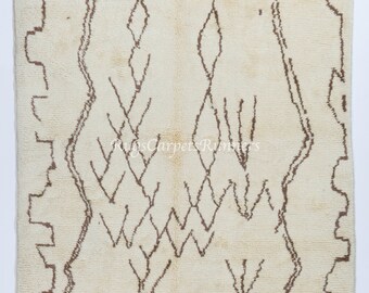 Moroccan Berber Hand-Knotted Rug Made of Natural Ivory and Brown Wool. Ideal for Modern Interiors. Custom Colors & Sizes Available. NTD7