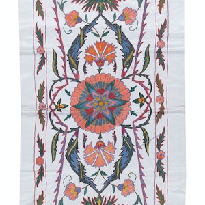 1.8x6.5 ft 100% Silk Table Runner, Hand Embroidered Wall Hanging, Uzbek Tapestry, Boho Wall Decor. NRS179