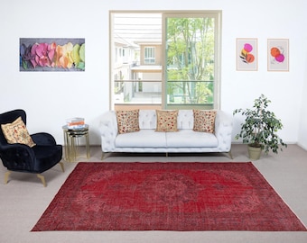 7x10 Ft Hand-knotted Vintage Wool Rug | Red Turkish Area Rug for Modern Interiors | NTEK2388