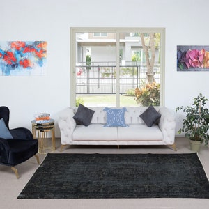 5.7x9.2 Ft Handmade Charcoal Gray Area Rug from Turkey, Modern Turkish Wool Carpet in Black. NTEK1064