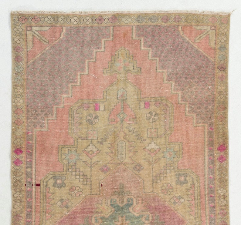 4.3x8.4 Ft Vintage Hand Knotted Turkish Area Rug in Pink With Geometric
