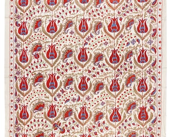 7.6x9 Ft Modern Silk and Cotton Suzani Textile Wall Hanging, New Uzbek Hand Embroidery Tablecloth or Bed Cover. NRS42