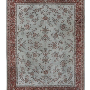 11.2x14.4 Ft Vintage Handmade Floral Design Turkish Oversize Rug in Beige and Red Colors. NTEK1635