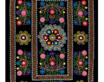4.5x6.6 Ft Silk Hand Embroidery Bed Cover, Black Central Asian Suzani Textile Blanket, Vintage Wall Hanging. NRS111