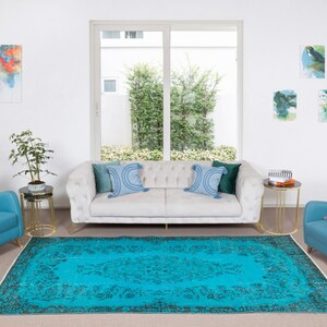 5.9x9.8 Ft Turkish Rug Over-Dyed in Blue, Handmade Floral Medallion Design Carpet. NTEK0599