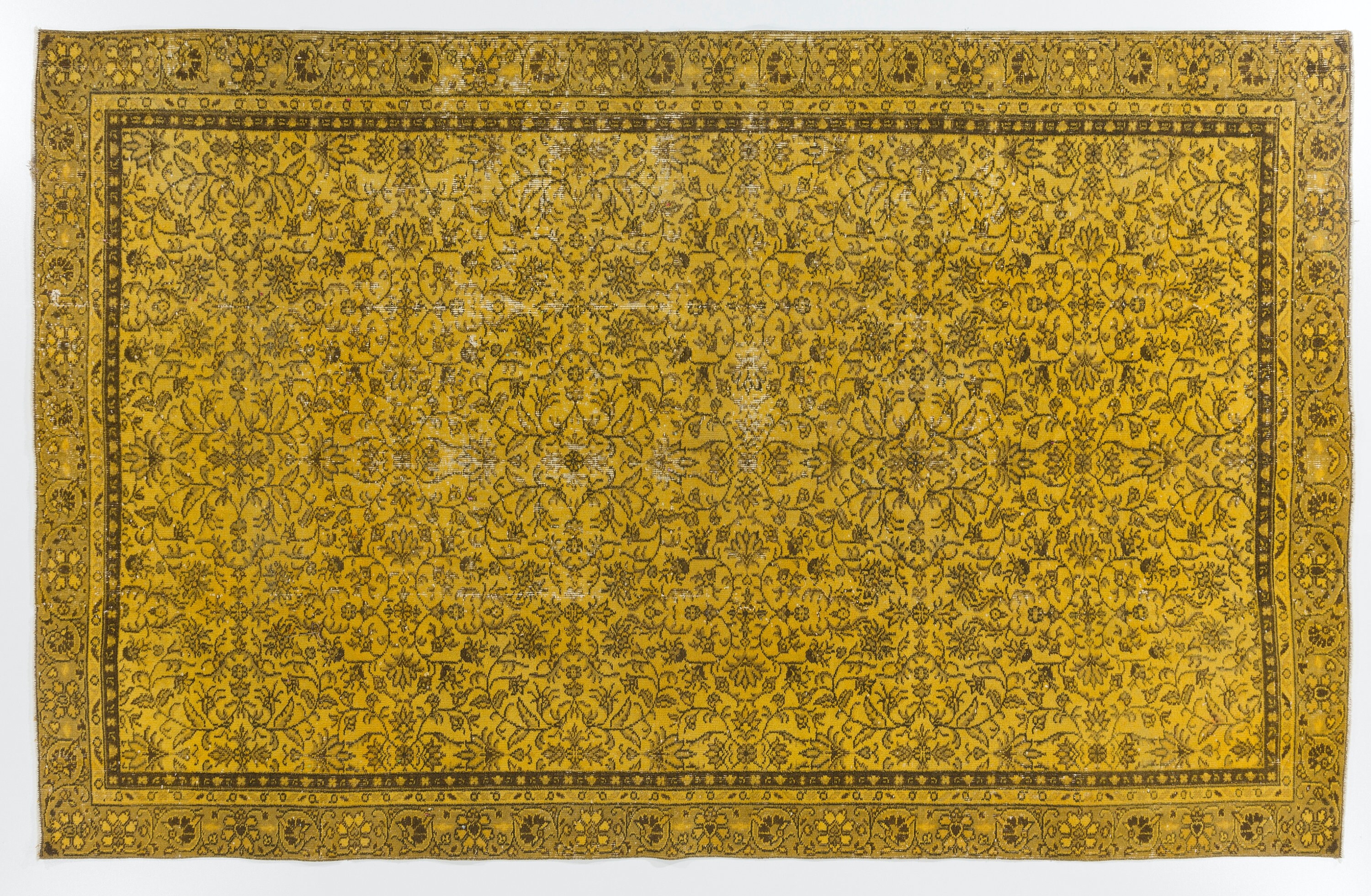 6.4x10.3 Ft Yellow Color Over-dyed Vintage Handmade Turkish Rug With ...