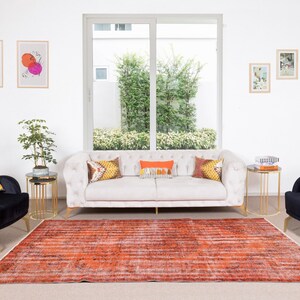 6x9.7 Ft Orange Re-Dyed Rug from Turkey, Vintage Handmade Carpet, Woolen Floor Covering. NTEK0162
