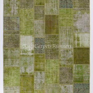 Contemporary Handmade Patchwork Rug in Shades of Light Green, Wool and Cotton Turkish Carpet. Custom Options Available. ND5