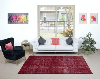 6x9 Ft Modern & Contemporary Rug in Dark Red, Handmade Distressed Turkish Wool Carpet. NTEK1379