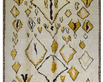 Berber Moroccan Hand-Knotted Tulu Rug in Ivory, Dark Brown and Mustard Yellow. Handmade Carpet for Contemporary Interiors. 100% Wool. NT16