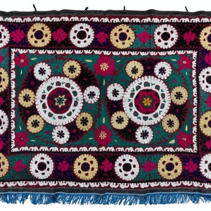 4.7x6.7 ft Suzani Silk Embroidery Wall Hanging, Boho Wall Decor, Multicolored Vintage Tapestry, Uzbek Tablecloth. NRS202