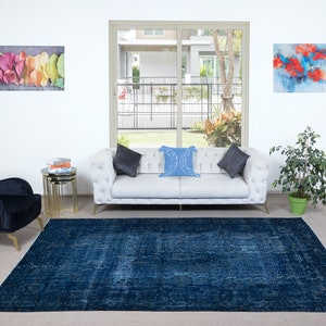 7x10.6 Ft Modern Overdyed Hand Knotted Wool Blue Area Rug From Turkey, Living Room Carpet, Woolen Floor Covering. NTEK0922