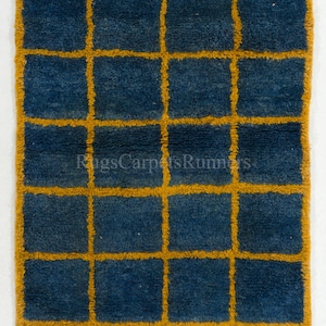 Contemporary Hand Knotted Checkered &quot;Tulu&quot; Rug in Blue & Amber Yellow Colors, Soft Wool Pile. ND837