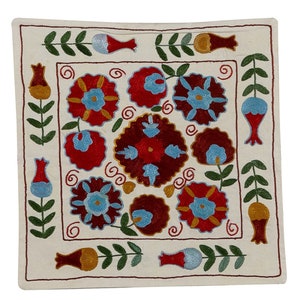 18&quot;x19&quot; Silk Hand Embroidered Cushion Cover, Central Asian Suzani Pillow Case. NMR21