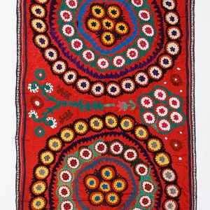 3.8x7.3 Ft Suzani Clasic Uzbek Silk embroidery, Red Wall Hanging, Table Runner, Wall Decor fabric, Tablecloth. NS59
