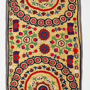 3.8x9 Ft Silk Embroidery Wall Hanging, Uzbek Throw, Vintage Tablecloth, Yellow Tapestry, Suzani Bedspread, Needlework Blanket. NS52