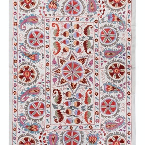 5x6.9 ft Uzbek Suzani Textile Bed Cover, Embroidered Silk and Cotton Wall Hanging, Boho Wall Decor, Asian Inspired, Vibrant Colors. NRS181