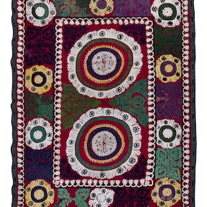 5.7x7.6 ft Vintage Silk Embroidery Wall Hanging, Uzbek Suzani Bed Cover, Colorful Tablecloth, Unique Throw, Wall Decor Fabric. NRS199