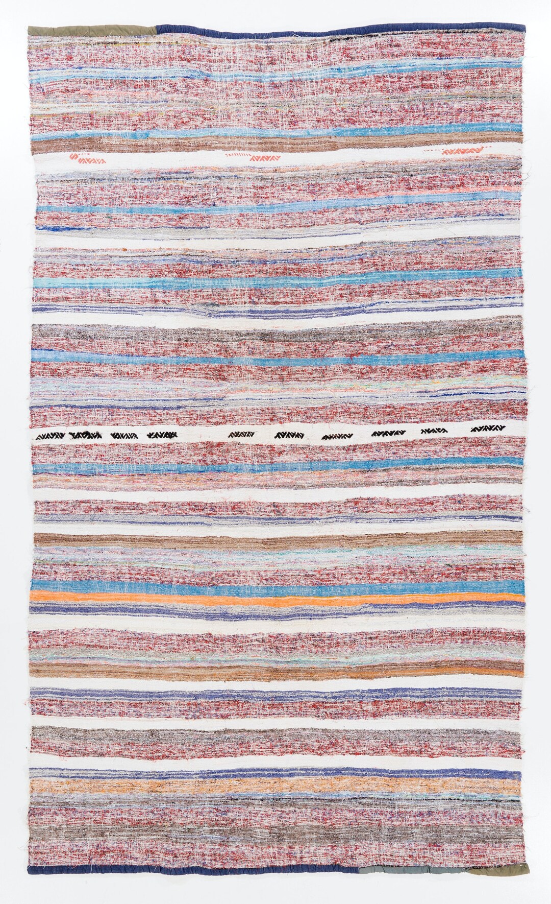 6.5 x 11フィートのバンド付き手織りヴィンテージトルコキリム（平織り