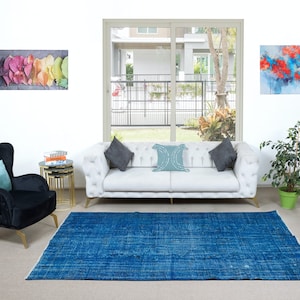 6x8.8 Ft Traditional Handmade Rug in Sapphire Blue, Modern Egyptian Blue Redyed Carpet from Turkey. NTEK1035