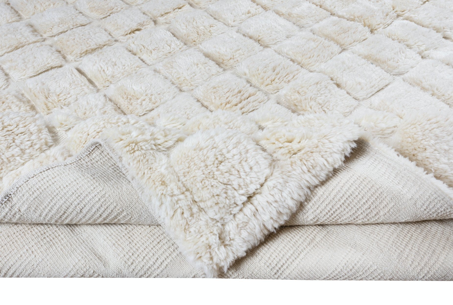 Home Decor Grid Pattern Tulu Rug, 100% Wool, Handmade Cream Checkered ...