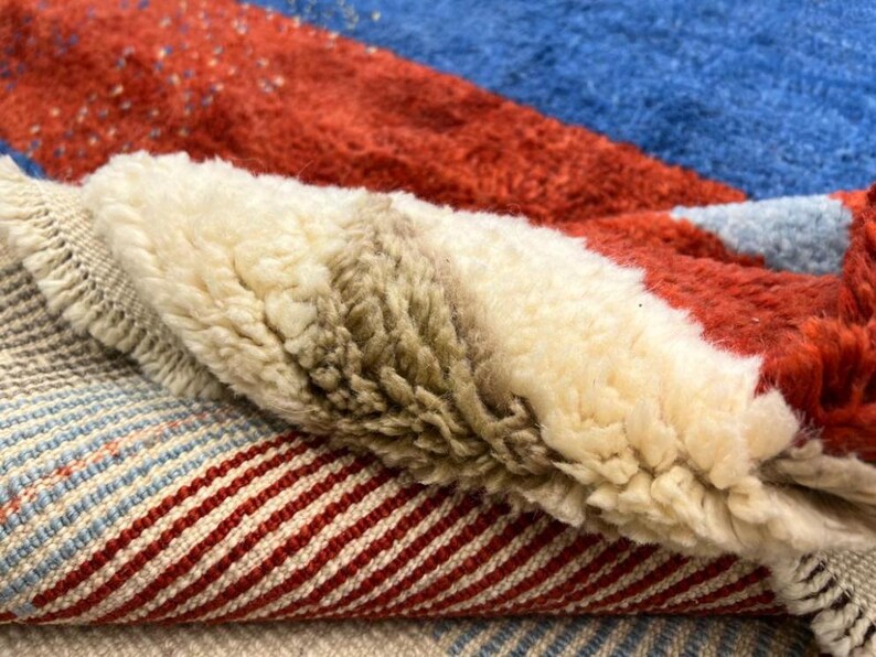 Contemporary Abstract Hand-Knotted Rug in Red, Blue, and Black Wool, Custom Made. NT128 image 15