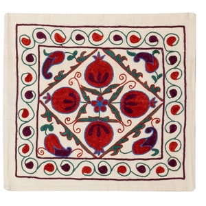 19&quot;x19&quot; Silk Hand Embroidery Suzani Cushion Cover, Contemporary Decor Pillow, Silk Cotton Pillow Case NRM207