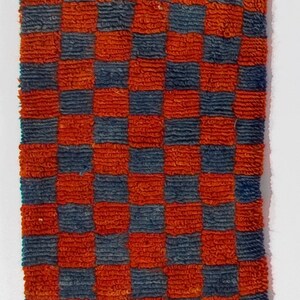 16&quot;x28&quot; Checkers Design Red & Blue Turkish Rug Cushion Cover. Vintage Wool Lace Pillow. NM60