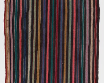 5.2x6.5 Ft Nomadic Anatolian Flat-Weave Kilim Rug with Black, Orange, Lilac, Green Stripes. NDKE89