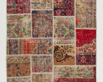 明るく鮮やかな、モダンなトルコ製ハンドメイドパッチワークラグ。贅沢